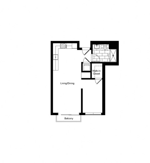 Floor plan for studio, 1 bath, 557 sqft